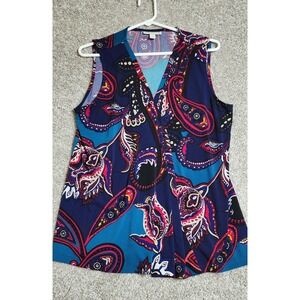 Dana Buchman Sleeveless Paisley Top L Faux Wrap Surplice V-Neck Blue Pink Boho